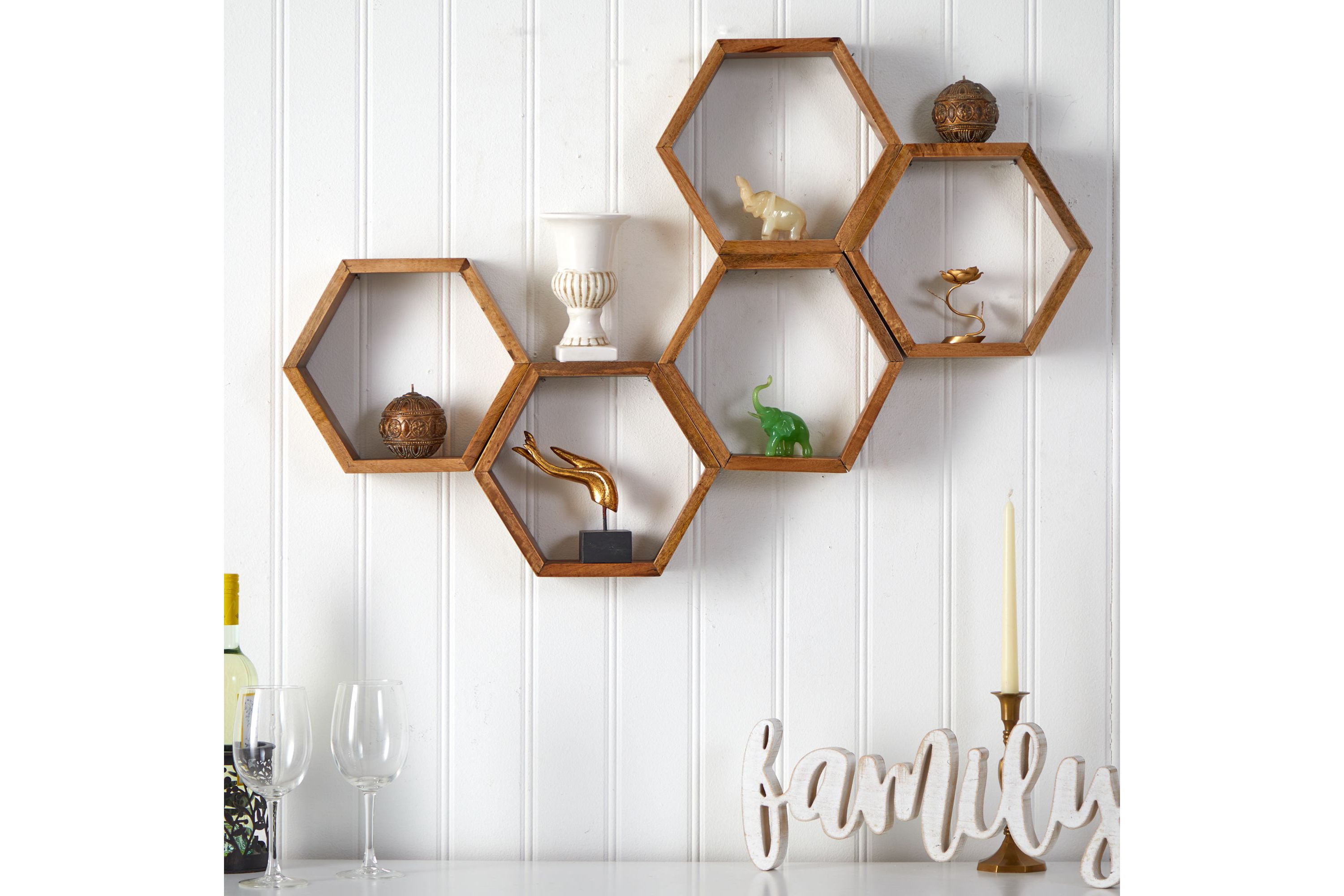 12-Inch Wooden Hexagon Floating Honeycomb Shelf (Set of 5)