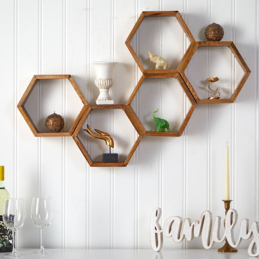 12-Inch Wooden Hexagon Floating Honeycomb Shelf (Set of 5)