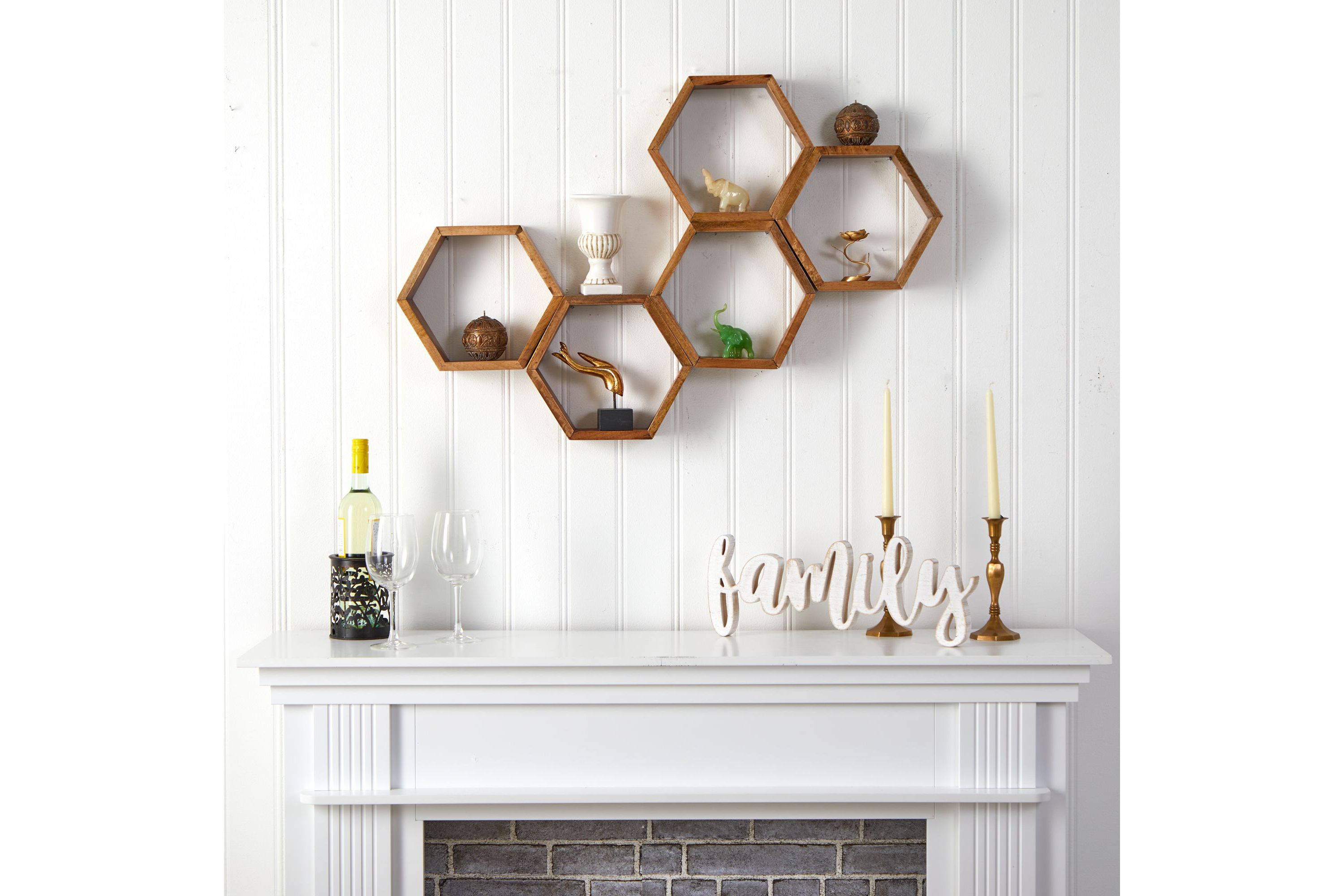 12-Inch Wooden Hexagon Floating Honeycomb Shelf (Set of 5)