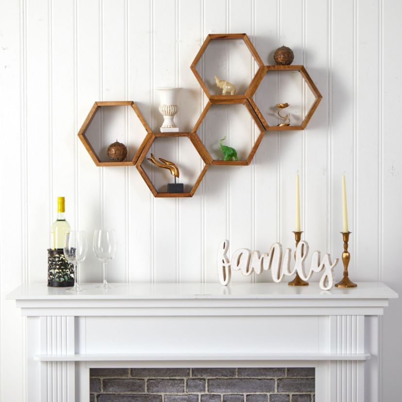 12-Inch Wooden Hexagon Floating Honeycomb Shelf (Set of 5)