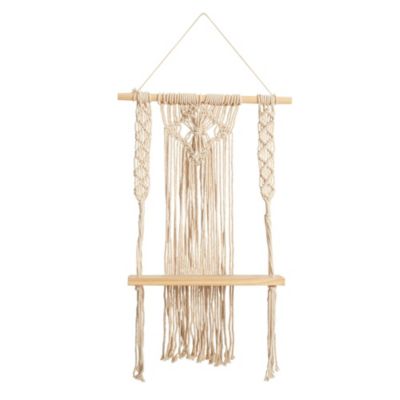 Nearly Natural 24-Inch Boho Chic Wood Macrame Single Shelf Woven Diamond Wall Art Décor