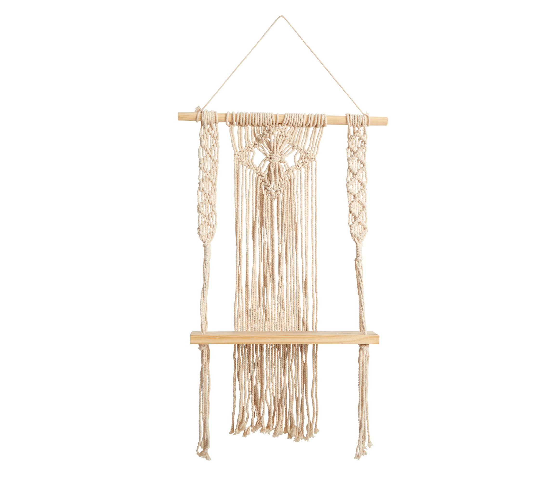 24-Inch Boho Chic Wood Macrame Single Shelf Woven Diamond Wall Art Décor