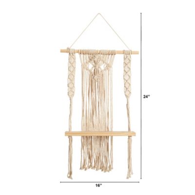 24-Inch Boho Chic Wood Macrame Single Shelf Woven Diamond Wall Art Décor