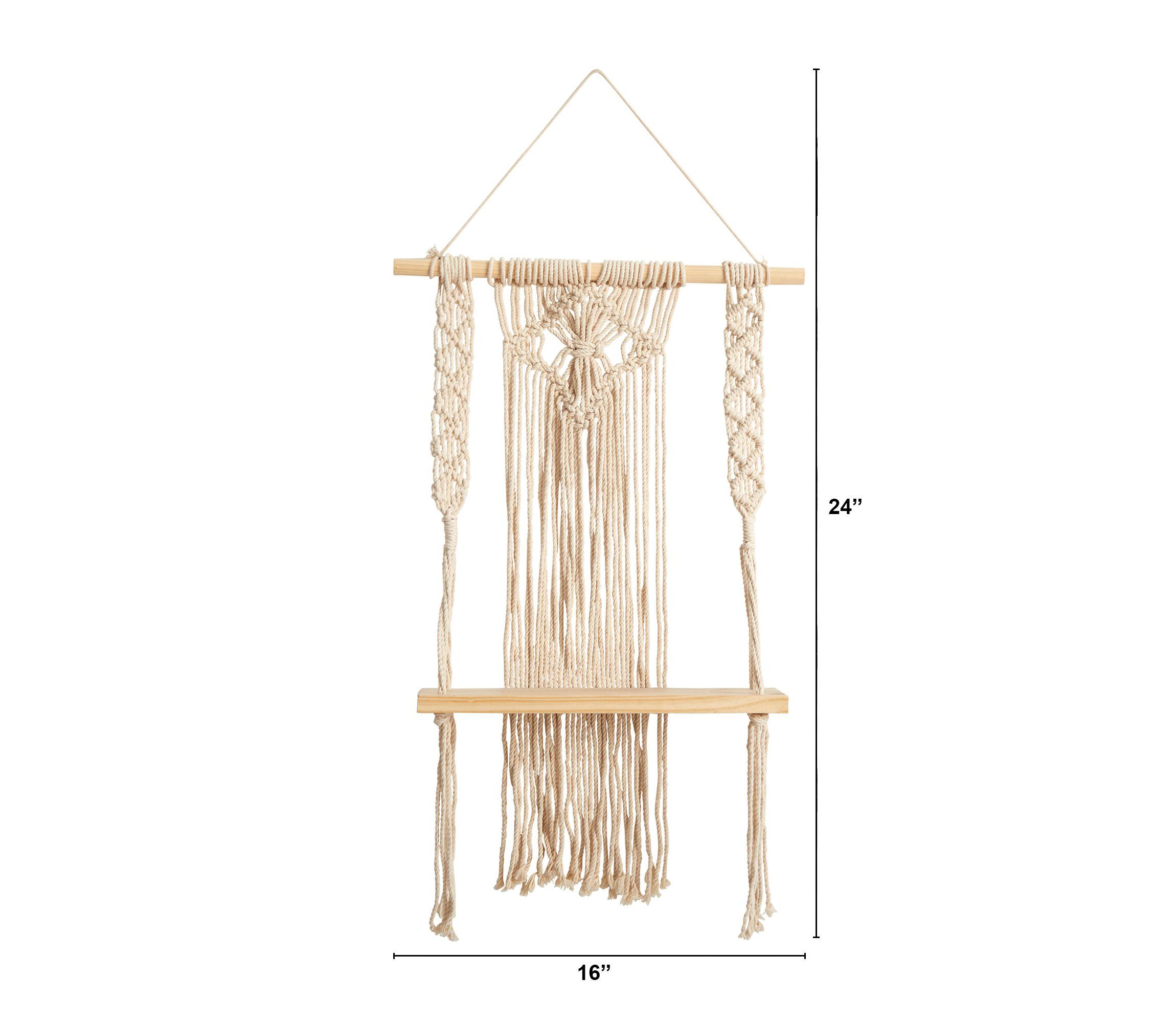 24-Inch Boho Chic Wood Macrame Single Shelf Woven Diamond Wall Art Décor