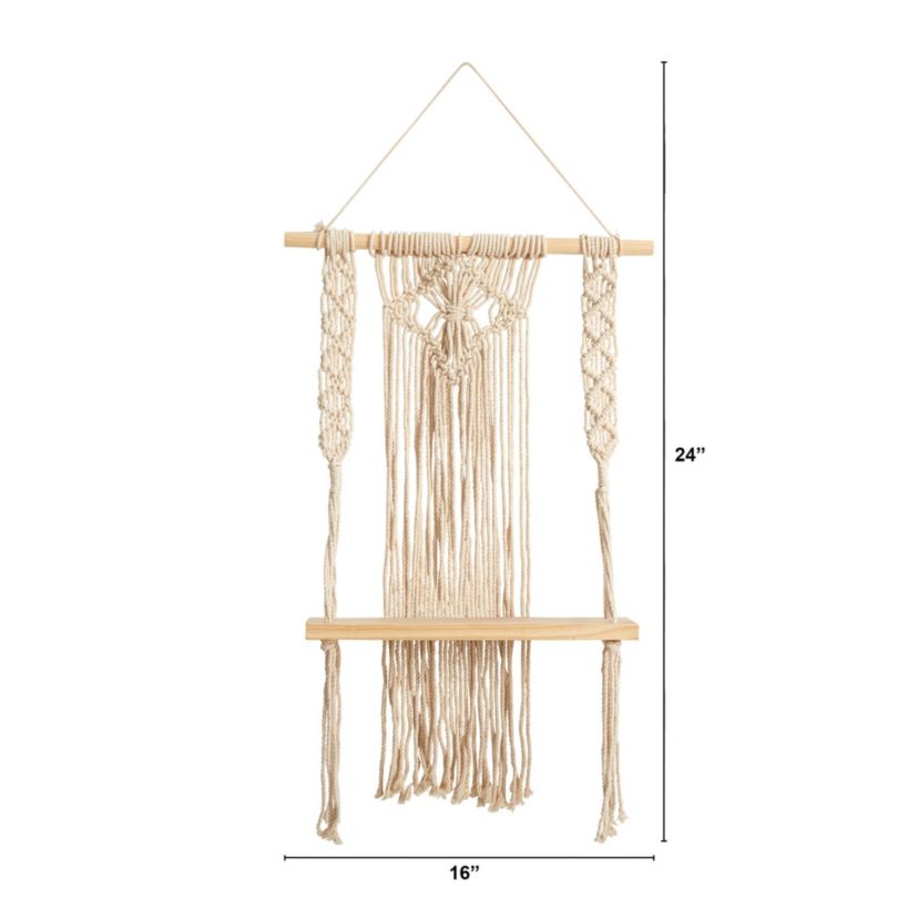 24-Inch Boho Chic Wood Macrame Single Shelf Woven Diamond Wall Art Décor