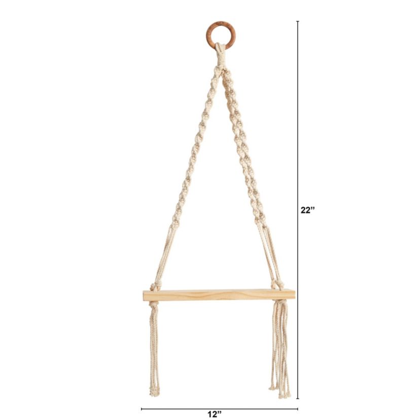 12-Inch x 22-Inch Hand Woven Macrame Wall Hanging with Wooden Shelf