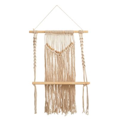 24-Inch Boho Chic Wood Macrame Single Shelf Woven Beads Wall Art Décor