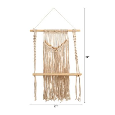 24-Inch Boho Chic Wood Macrame Single Shelf Woven Beads Wall Art Décor