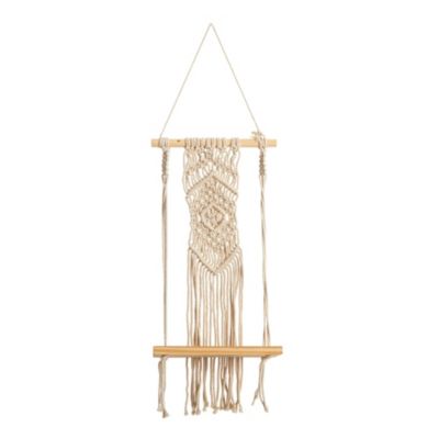 22-Inch Boho Chic Wood Macrame Shelf with Diamond Weave