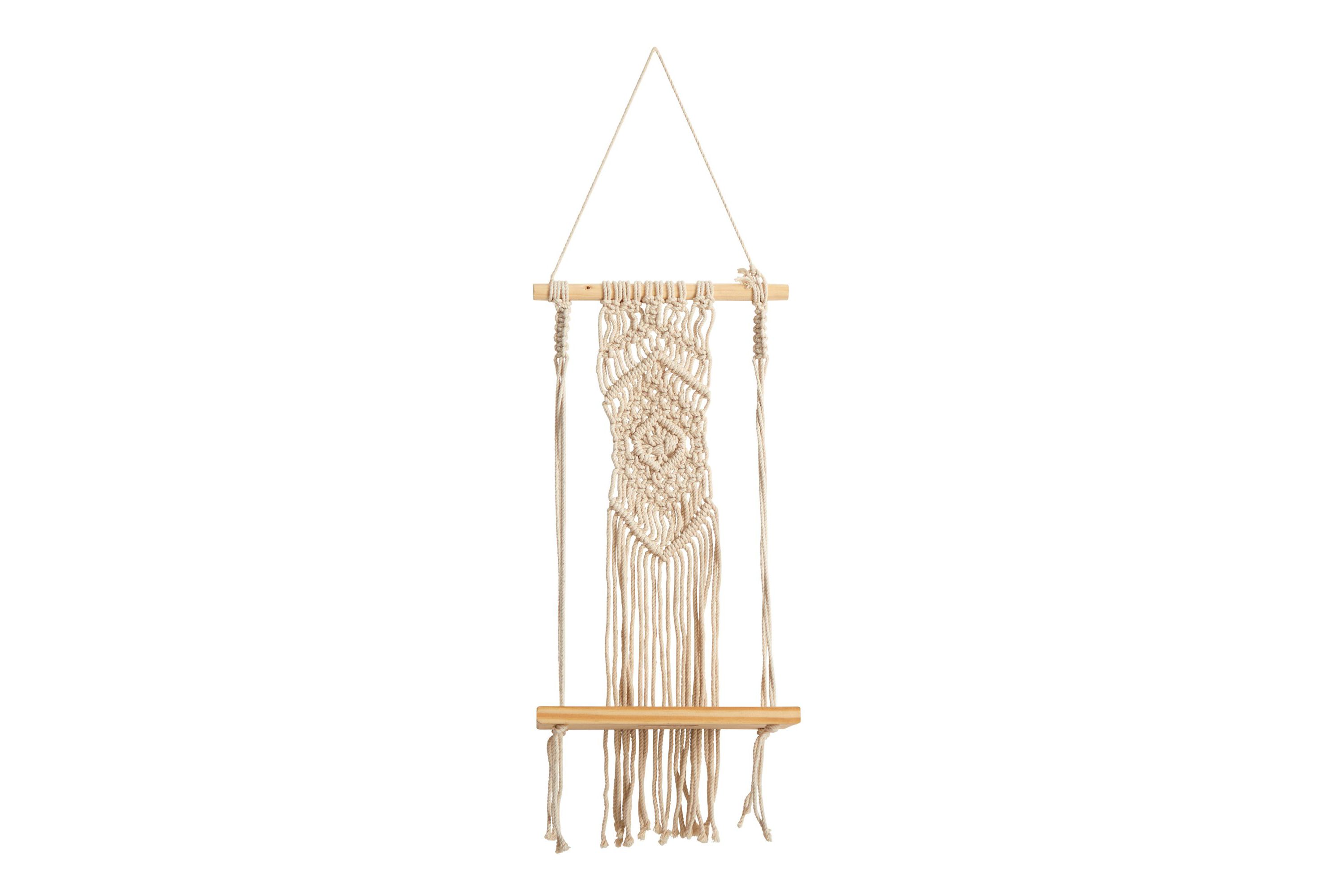 22-Inch Boho Chic Wood Macrame Shelf with Diamond Weave