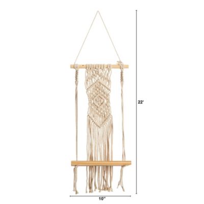 22-Inch Boho Chic Wood Macrame Shelf with Diamond Weave