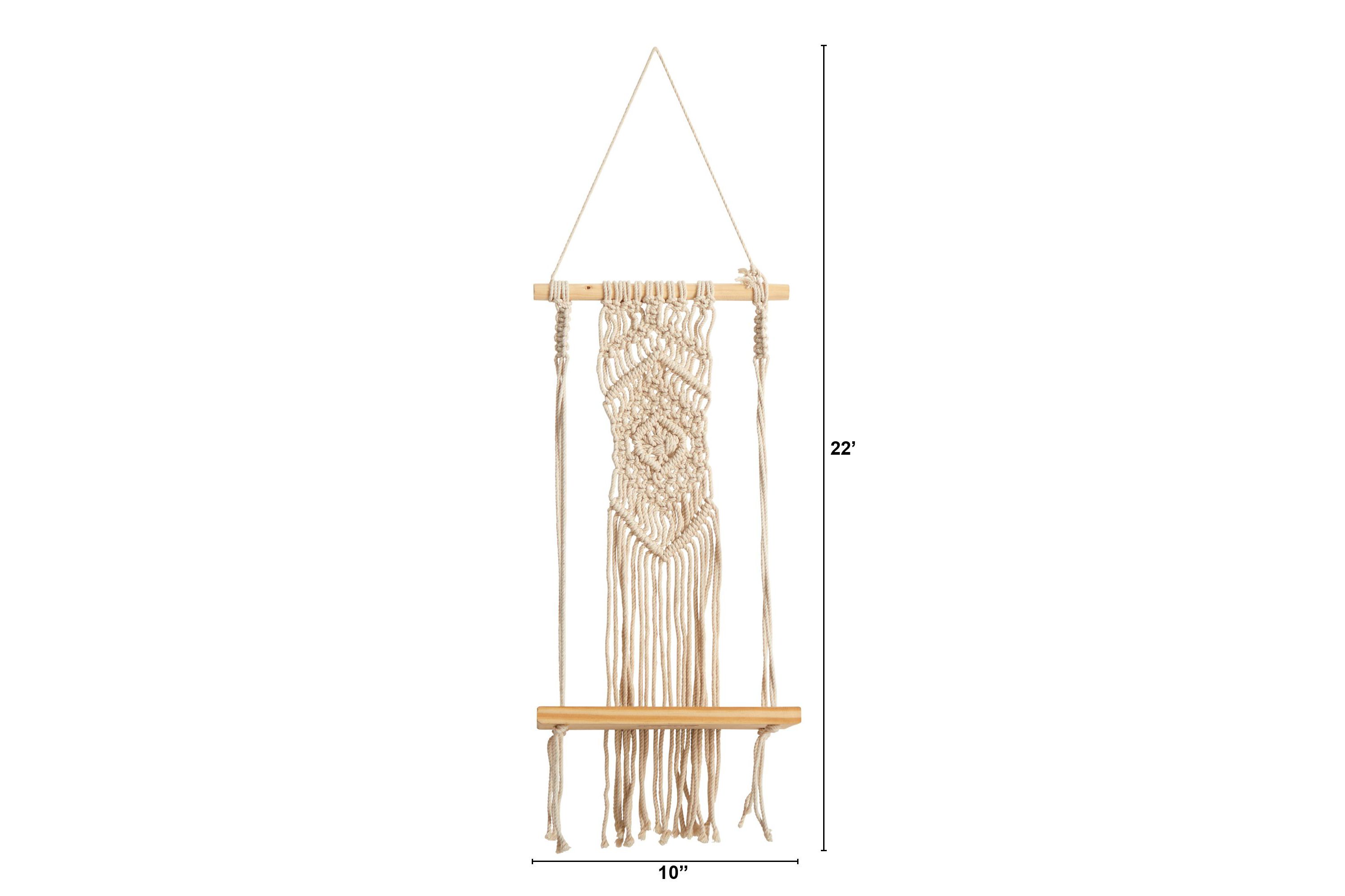22-Inch Boho Chic Wood Macrame Shelf with Diamond Weave
