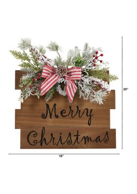 20 inch Holiday Merry Christmas Door Wall Hanger with Pine and Berries Stripped Bow Wall Art Décor