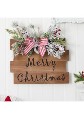 20 inch Holiday Merry Christmas Door Wall Hanger with Pine and Berries Stripped Bow Wall Art Décor