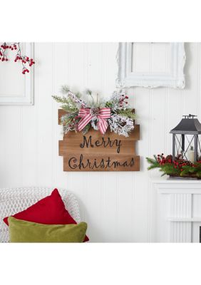 20 inch Holiday Merry Christmas Door Wall Hanger with Pine and Berries Stripped Bow Wall Art Décor