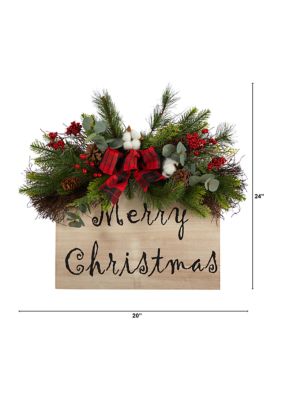 20" Holiday Merry Christmas Door Wall Hanger with Pinecones and Berries 