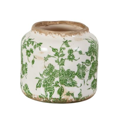 Nearly Natural 5.5-Inch Floral Tuscan Ceramic Green Scroll Planter