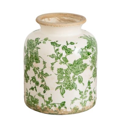 Nearly Natural 8-Inch Floral Tuscan Ceramic Green Scroll Vase
