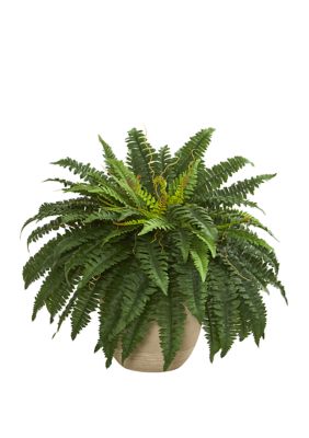 Nearly Natural 22 Inch Boston Fern Artificial Plant in Sandstone Planter, Green