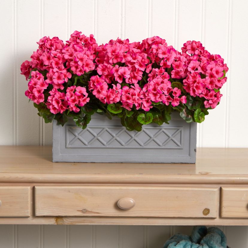 18-Inch Geranium Artificial Plant in Stone Planter UV Resistant (Indoor/Outdoor)