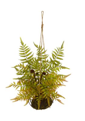 Nearly Natural Fern Plant in Metal Hanging Basket, Green