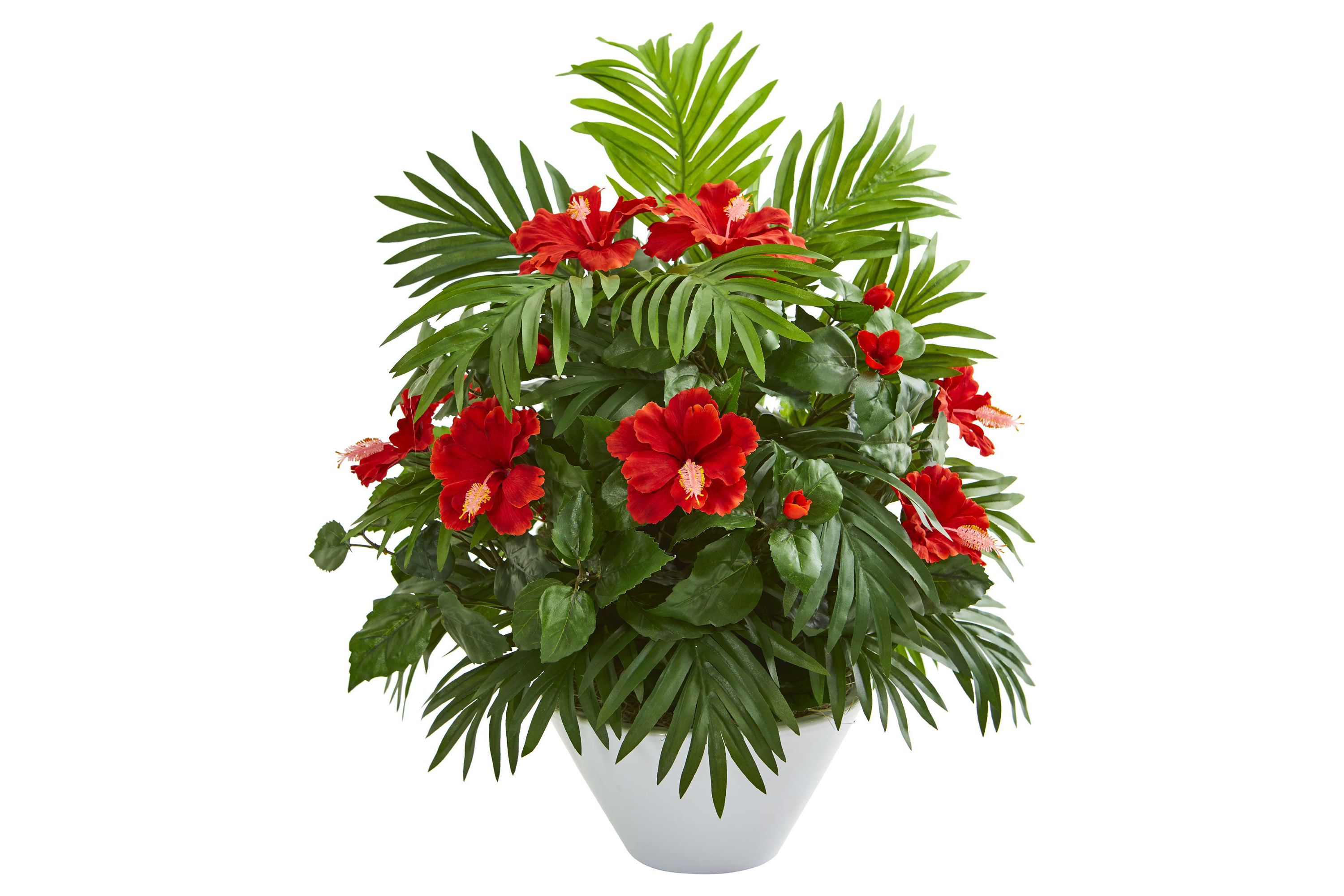 Hibiscus and Areca Palm Artificial Plant in White Bowl