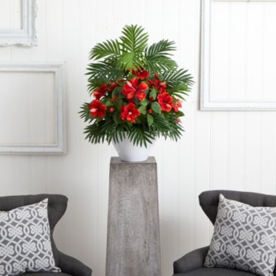 Hibiscus and Areca Palm Artificial Plant in White Bowl