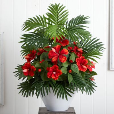 Hibiscus and Areca Palm Artificial Plant in White Bowl