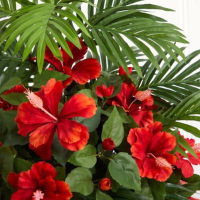 Hibiscus and Areca Palm Artificial Plant in White Bowl