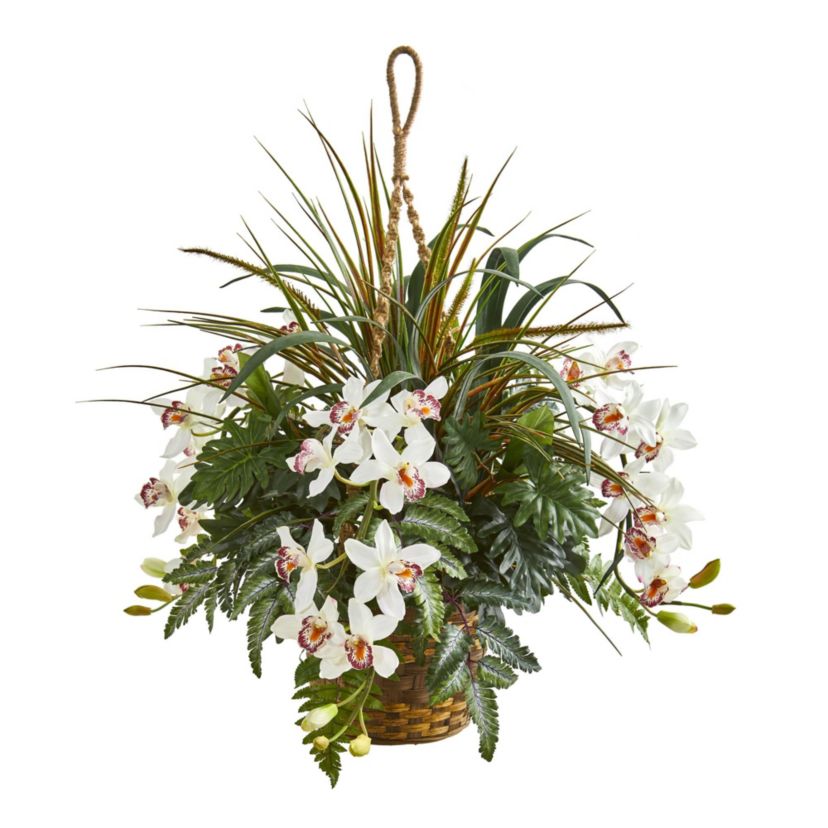29-Inch Cymbidium Orchid and Mixed Greens Artificial Plant Hanging Basket