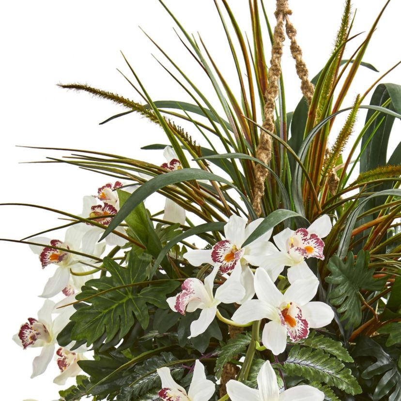 29-Inch Cymbidium Orchid and Mixed Greens Artificial Plant Hanging Basket