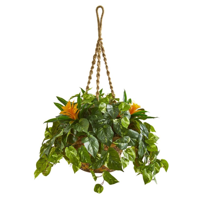 31-Inch Bromeliad and Pothos Artificial Plant in Hanging Basket