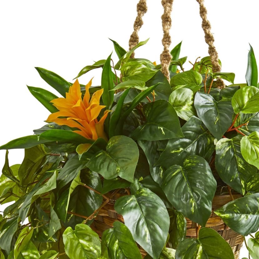 31-Inch Bromeliad and Pothos Artificial Plant in Hanging Basket