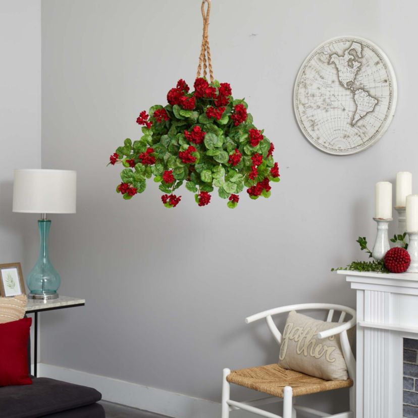 27-Inch Geranium Artificial Plant in Hanging Basket