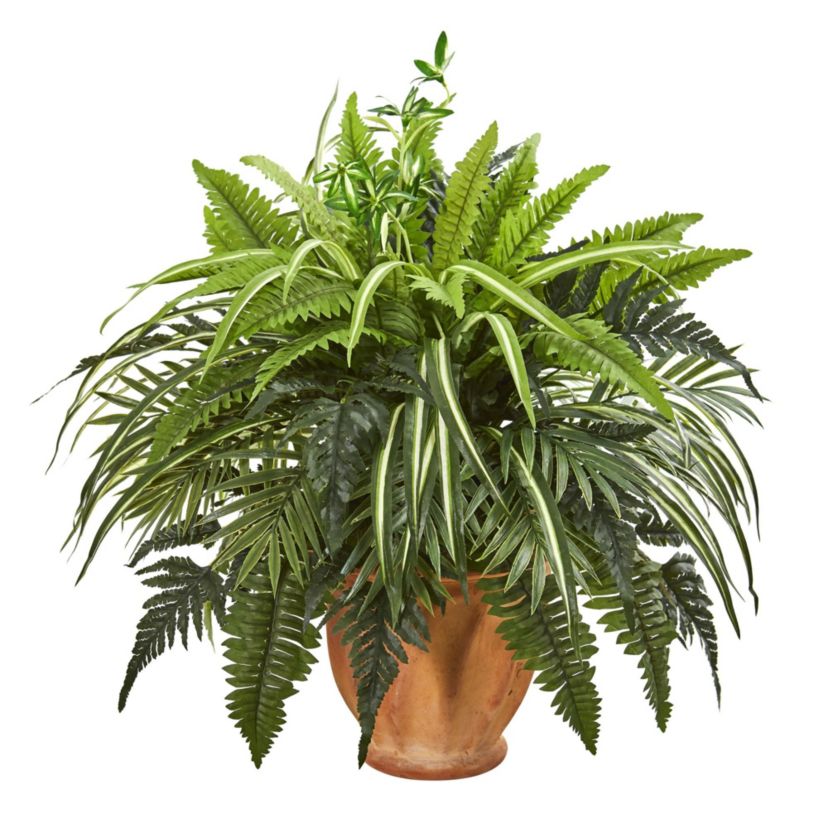 23-Inch Mixed Greens and Fern Artificial Plant in Terra Cotta Planter
