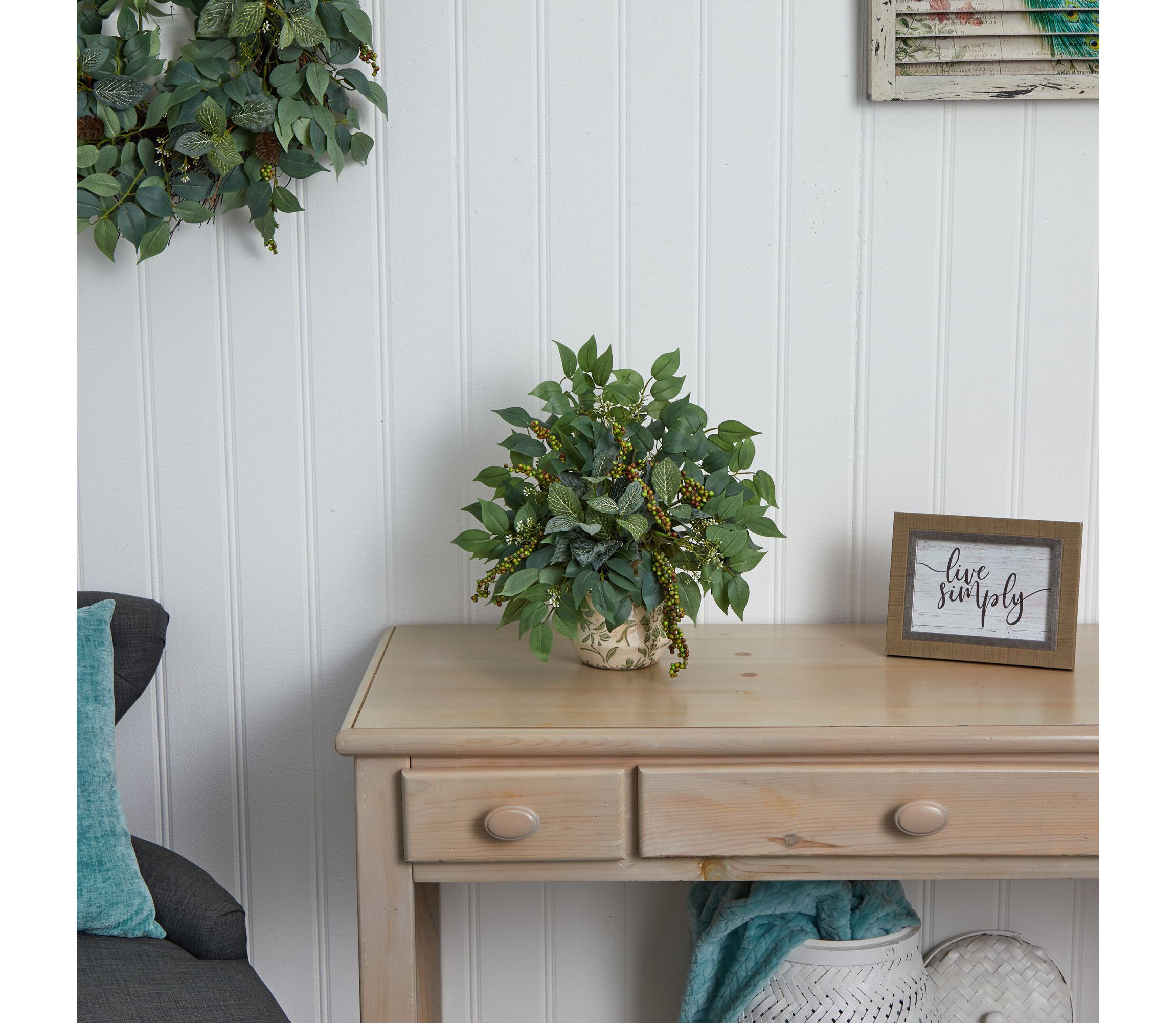 Mixed Ficus, Fittonia and Berries Artificial Plant in Floral Vase