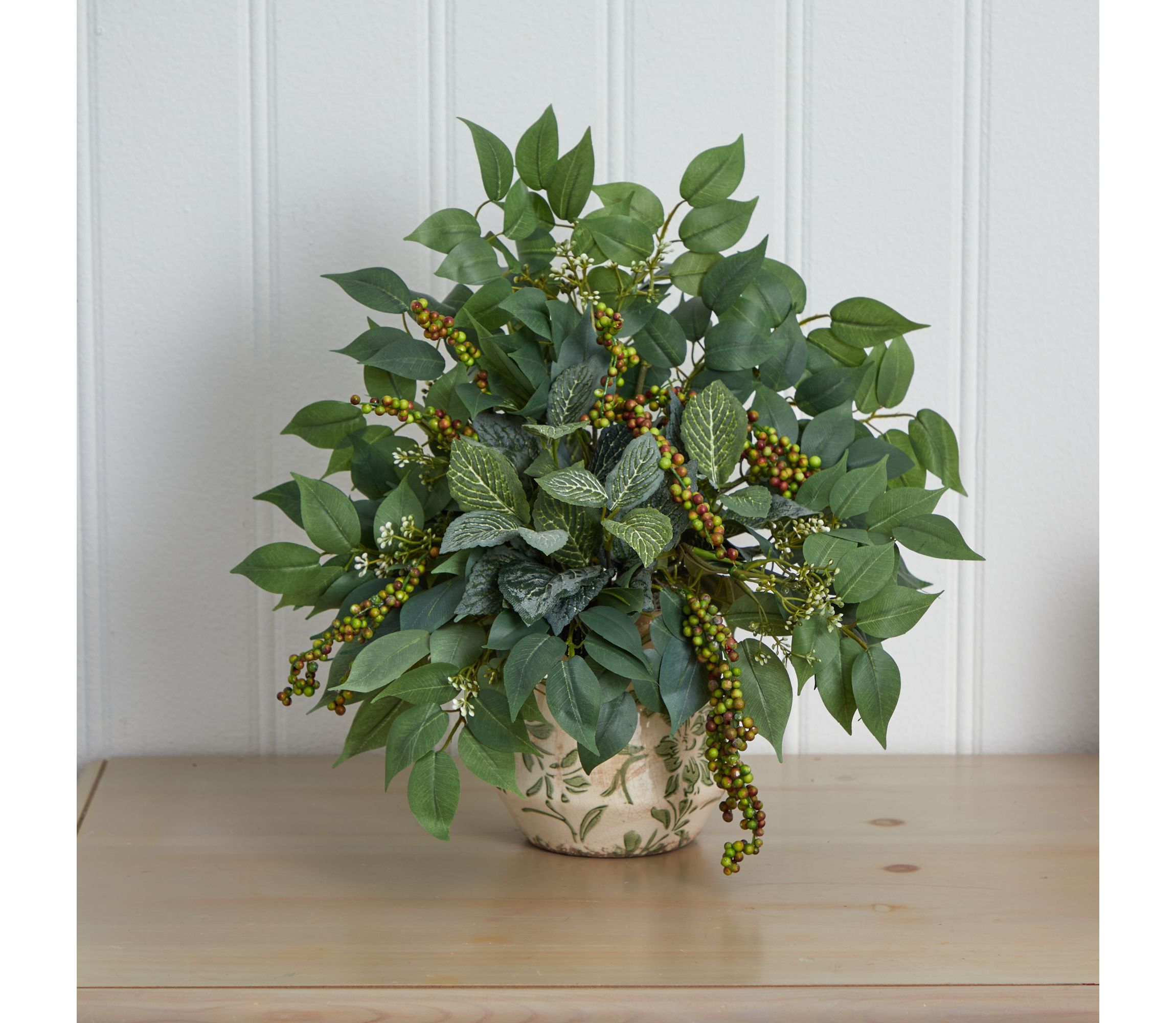 Mixed Ficus, Fittonia and Berries Artificial Plant in Floral Vase