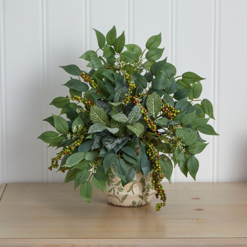 Mixed Ficus, Fittonia and Berries Artificial Plant in Floral Vase