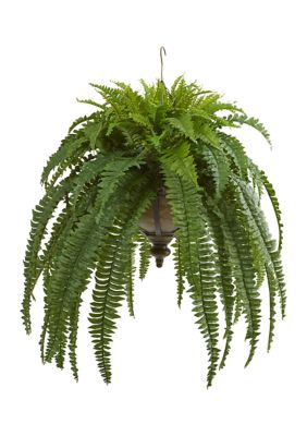 Nearly Natural Boston Fern Plant in Metal Hanging Bowl, Green