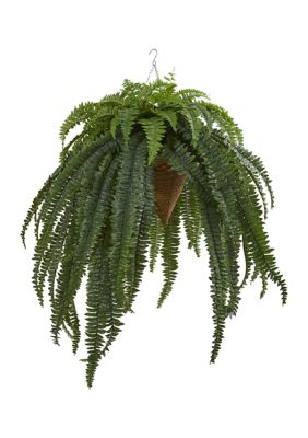 Nearly Natural Giant Boston Fern Plant in Hanging Cone, Green
