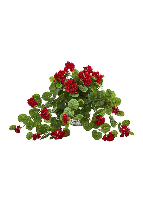 Nearly Natural Geranium Plant in Vintage Hanging Planter