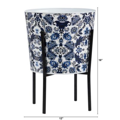 16-Inch Oriental Blue and White Classic Round Metal Planter with Stand