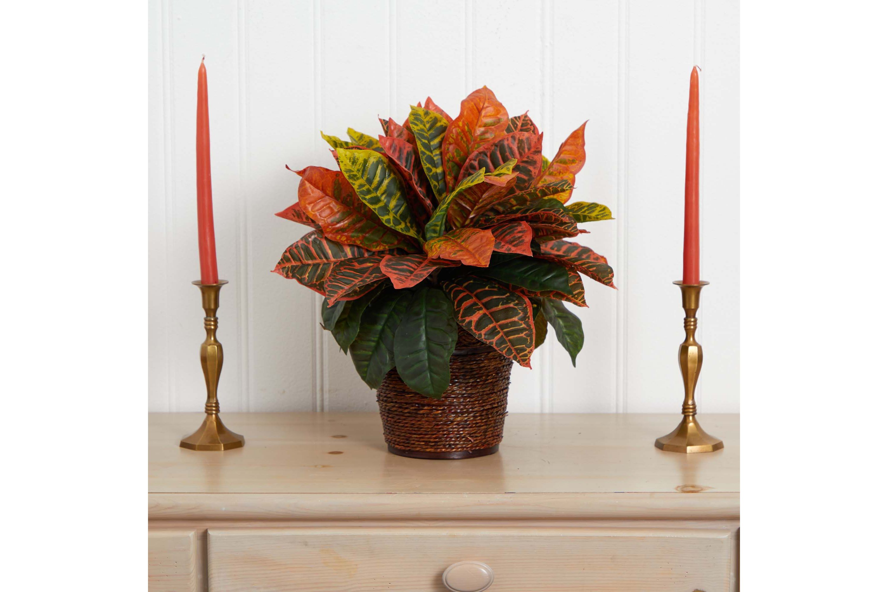 17-Inch Garden Croton Artificial Plant in Basket (Real Touch)