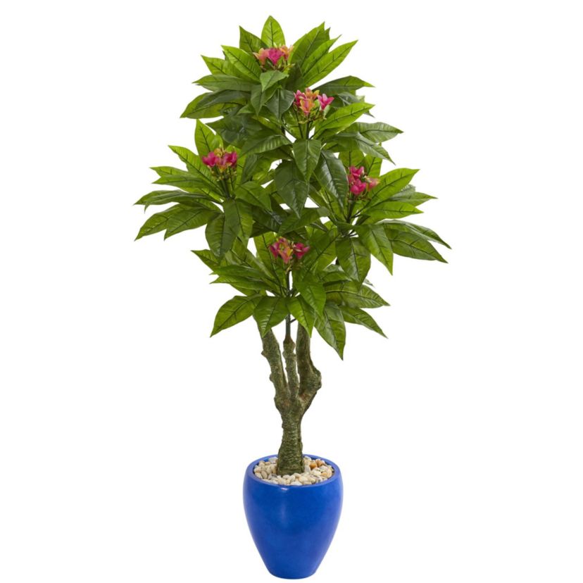 5-Foot Plumeria Artificial Tree in Decorative Blue Planter UV Resistant (Indoor/Outdoor)
