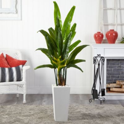 69-Inch Travelers Palm Artificial Tree in White Tower Planter