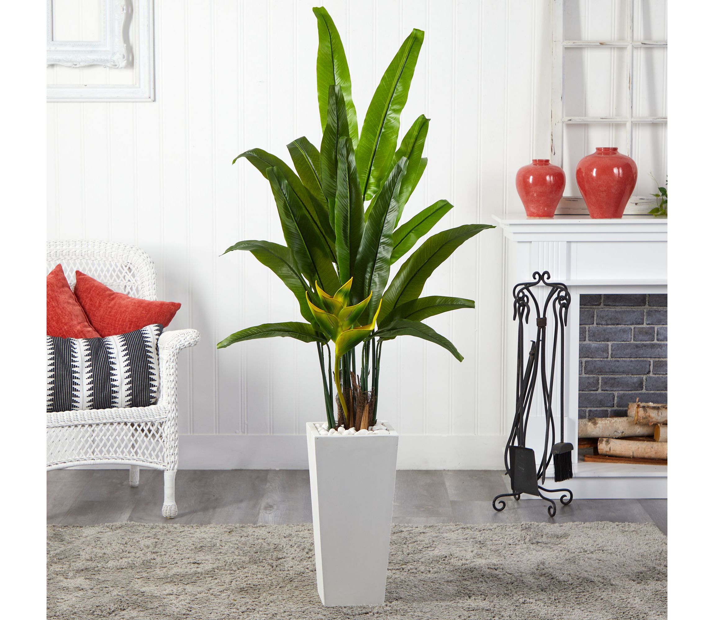 69-Inch Travelers Palm Artificial Tree in White Tower Planter