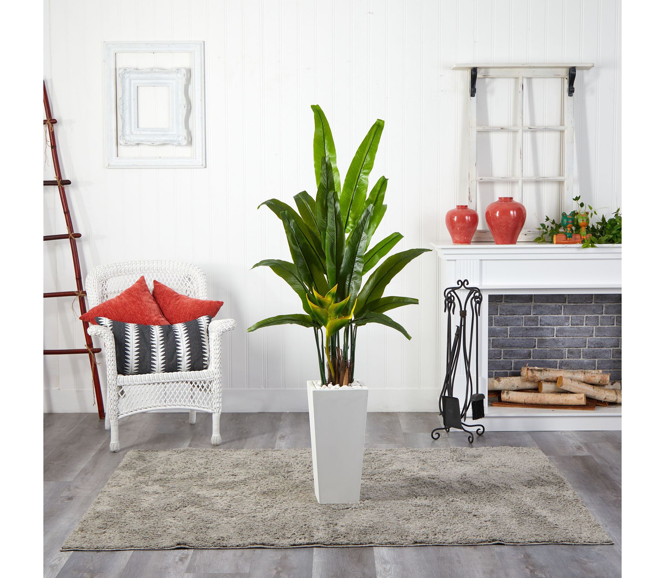 69-Inch Travelers Palm Artificial Tree in White Tower Planter