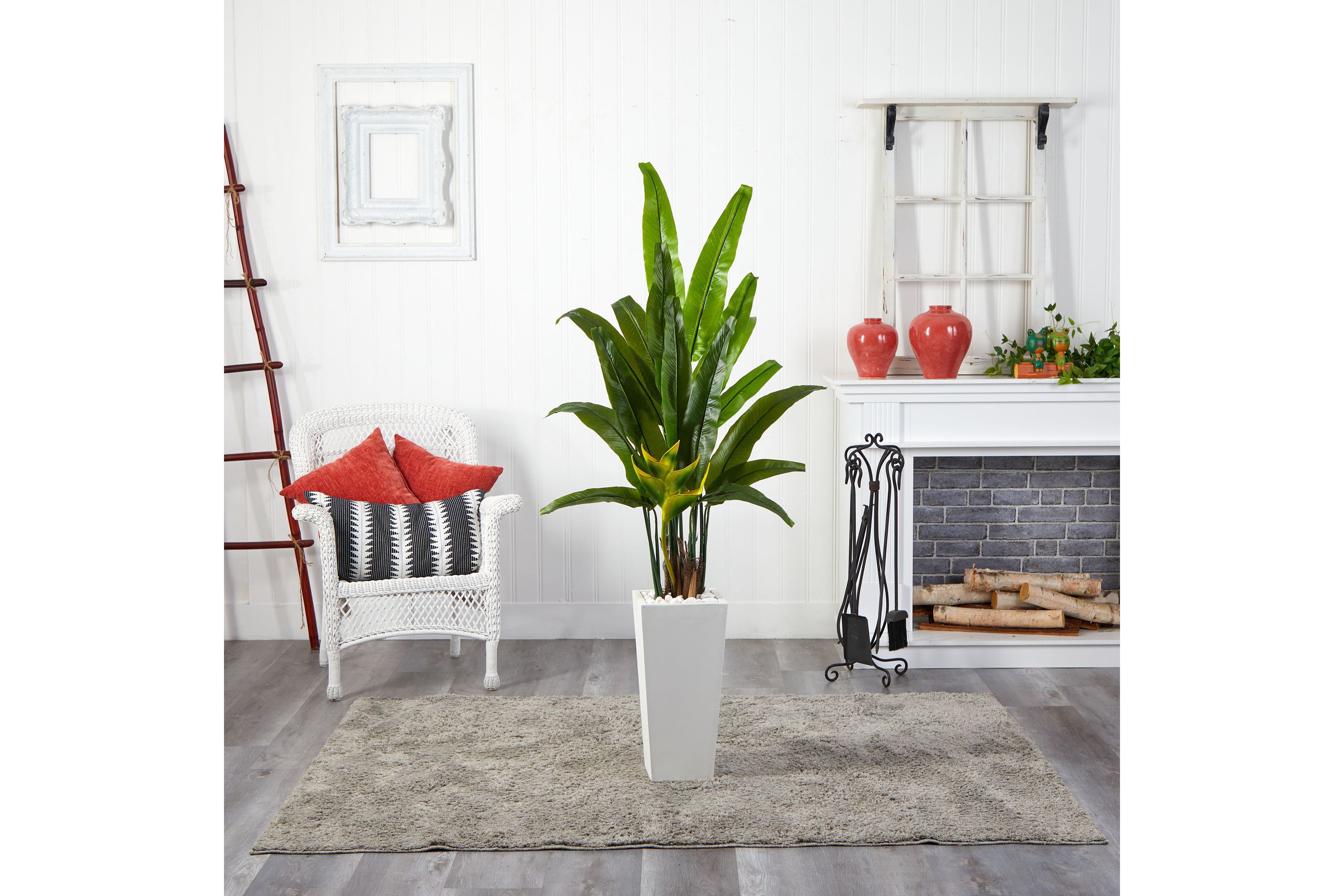 69-Inch Travelers Palm Artificial Tree in White Tower Planter
