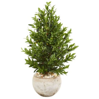 3-Foot Olive Cone Topiary Artificial Tree in Sand Stone Planter UV Resistant (Indoor/Outdoor)