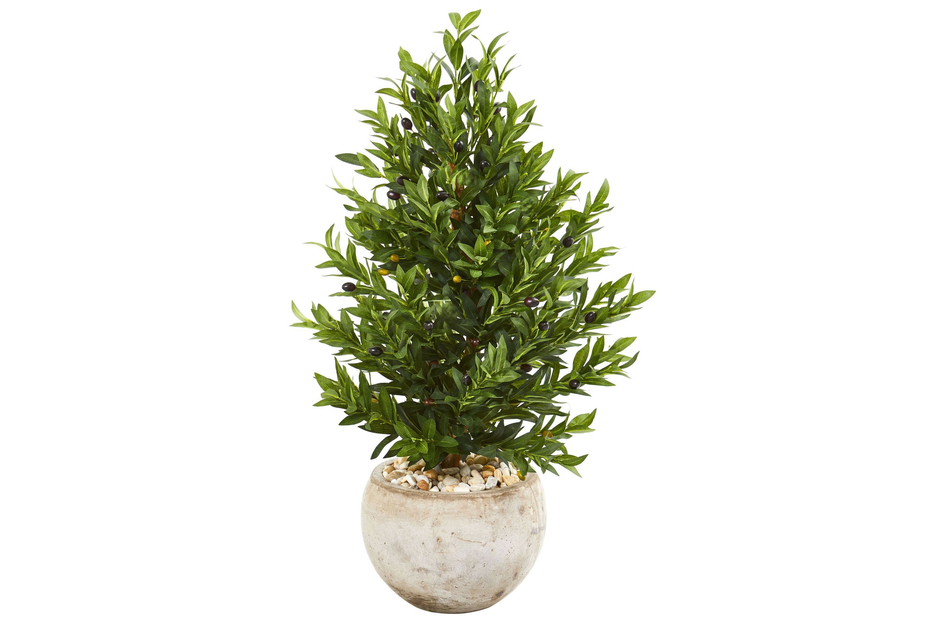 3-Foot Olive Cone Topiary Artificial Tree in Sand Stone Planter UV Resistant (Indoor/Outdoor)